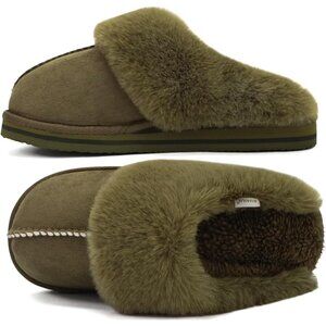 Women's Olive Green Fluff Memory Cozy Winter Warm Scuff Slip On Slippers Shoes